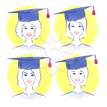 Vector set of smiling young women wearing graduation cap.