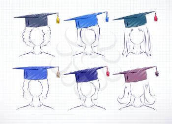 Female students wearing graduation hat. Color and line art vector hand drawn set.