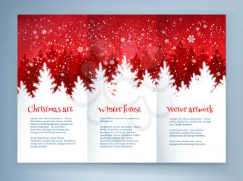 Red and white Christmas leaflet design template with spruce forest landscape and falling snow.