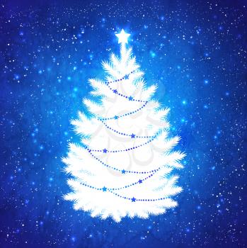 White silhouette of Christmas tree on blue grunge watercolor background with sparkles and falling snow.