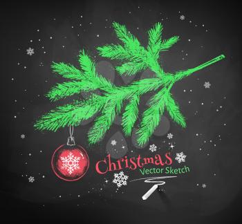 Color chalk vector sketch of Christmas tree fir branch decorated with red ball on black chalkboard background. 
