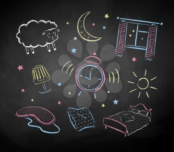 Bedtime color chalked hand drawn vector sketches on black chalkboard background. 