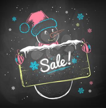 Color chalk vector sketch of Snowman with sale signboard on black chalkboard background. 