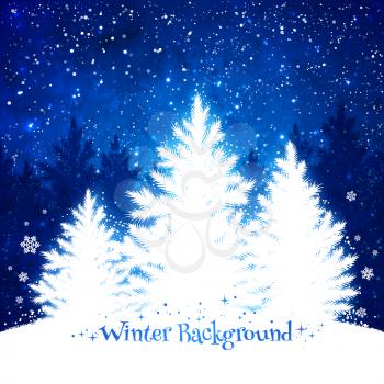 Christmas trees blue and white background with falling snow and spruce forest silhouette.