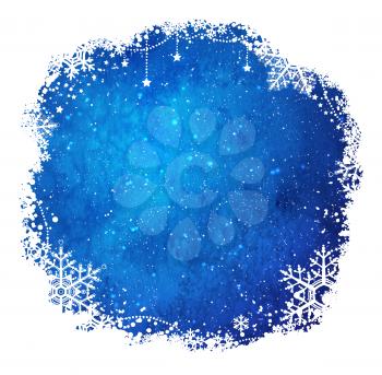 Dark blue and white grunge watercolor Christmas frame with snowflakes and falling snow.