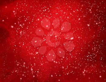 Red Christmas watercolor grunge background with falling snow and light sparkles.