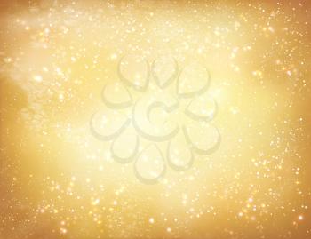 Gold shiny watercolor grunge background with falling snow and light sparkles.