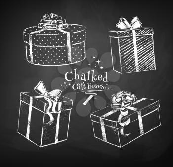 Chalk vector sketches of gift boxes on black chalkboard background.  