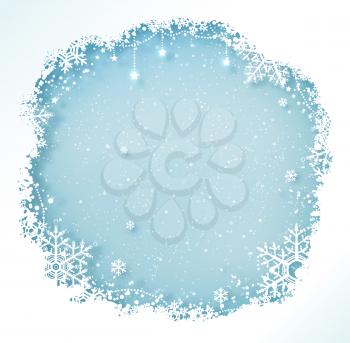 Blue and white Christmas frame with snowflakes and falling snow.