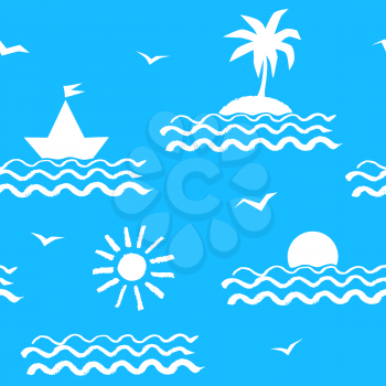 Summer seaside vacation blue and white seamless pattern with sea, sun, palm tree, yacht and seagulls.