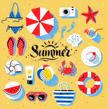 Vector summertime top view illustrations set with Summer word lettering on beach sand background.