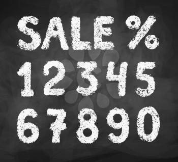 Chalked vector grunge collection of numbers, percent and sale word on black chalkboard background.
