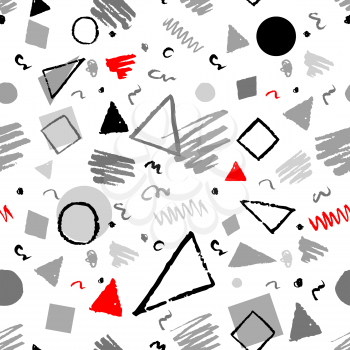 Red, gray and white seamless geometric 1980s styled pattern with triangles, circles, squares and doodles.