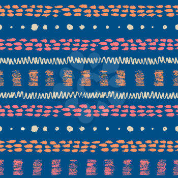 Hand drawn blue ethnic grunge seamless pattern with stripes, zigzag, paint daubs and dots.