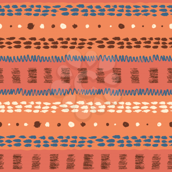 Hand drawn ethnic grunge seamless pattern with stripes, zigzag, paint daubs and dots.