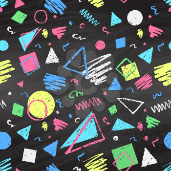 Geometric hand drawn grunge color chalked seamless pattern with triangles, squares and circles on black chalkboard background.