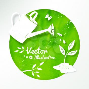 Gardening vector background with watering can and growing sprout, white silhouettes on watercolor background