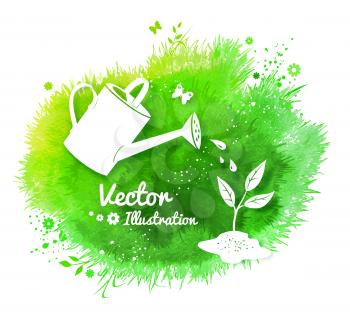 Gardening vector background with watering can and growing sprout, white silhouettes on watercolor green stain background with grass, flowers and butterfly.