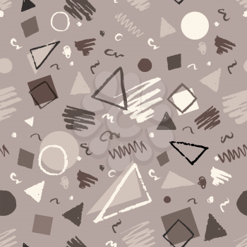 Monochrome vintage seamless geometric pattern with triangles, circles, squares and doodles.