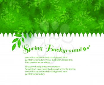 Vector background with garden white fence, tree branch, leaves and green shrubs with watercolor texture.
