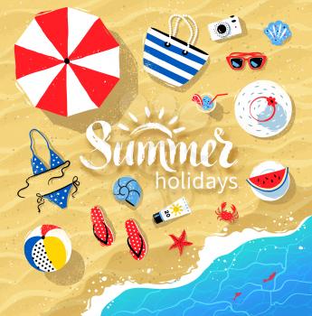 Vector summertime top view illustrations set with Summer word lettering on beach sand and sea water background.