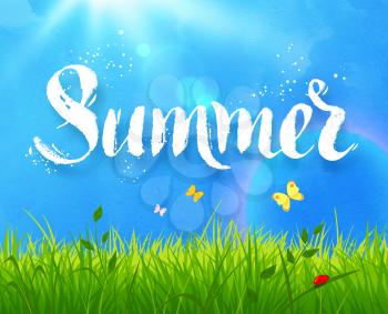 Summer word hand drawn vector grunge texture lettering on sunlight meadow background with grass, blue sky and butterflies.