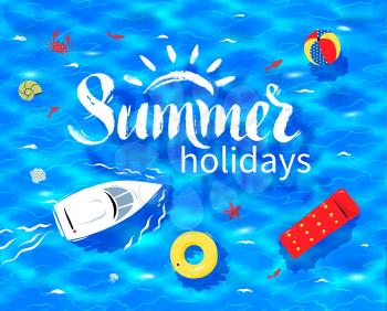 Hand drawn Summer word lettering on sea water background with rubber ring, pool raft and beach ball.