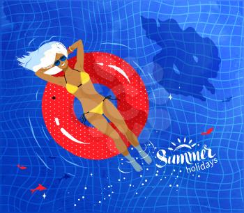 Young woman resting on floating red rubber ring on swimming pool water background.