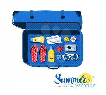 Top view of travel suitcase with summer accessories on white background.