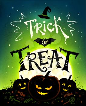 Trick or Treat Halloween poster with pumpkins, full moon and candies on green background.