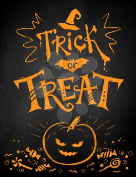 Orange chalk drawn Trick or Treat Halloween poster with pumpkin and candies on blackboard background.