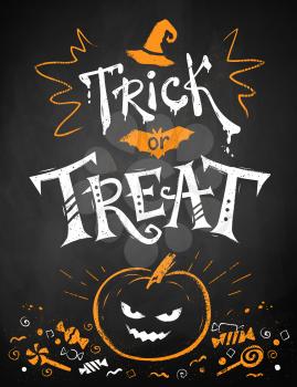 White and orange chalk drawn Trick or Treat Halloween poster with pumpkin and candies on blackboard background.
