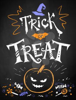 Color chalk drawn Trick or Treat Halloween poster with pumpkin and candies on blackboard background.