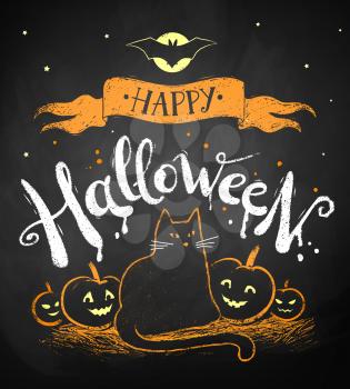 Vector white and orange  chalk drawing of Happy Halloween postcard with black cat and pumpkins on chalkboard background.