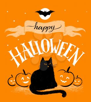 Happy Halloween vector postcard with black cat and pumpkins on orange background.