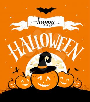 Happy Halloween vector postcard with moon and pumpkins on orange background.