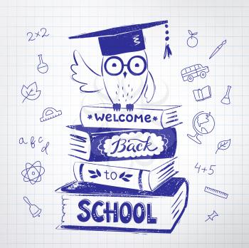 Vector illustration of owl sitting on books with Welcome Back to School lettering on checkered paper background.