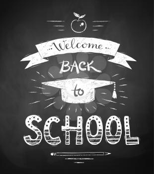 Welcome Back to School poster with mortarboard cap and ribbon banner on chalkboard background.