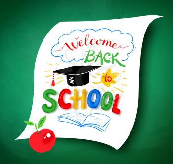 Welcome Back to School lettering with graduation hat and plasticine letters on green chalkboard background.