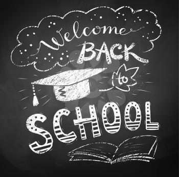 Welcome Back to School poster with mortarboard cap on chalkboard background.