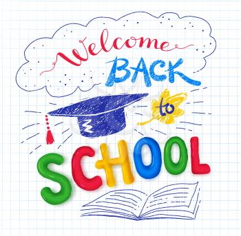Welcome Back to School poster with plasticine letters and mortarboard on checkered paper background.