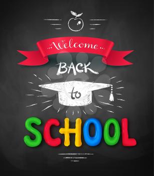Welcome Back to School poster with plasticine letters, mortarboard cap and ribbon banner on chalkboard background.