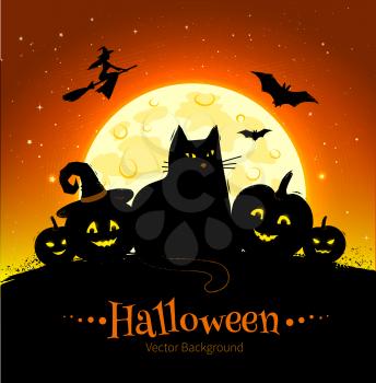 Happy Halloween vector black and orange background with full moon, black cat and pumpkins.