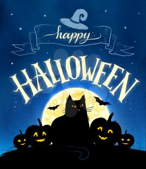 Happy Halloween vector postcard with moon, black cat and pumpkins.