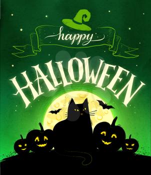 Happy Halloween vector postcard with moon, black cat and pumpkins on green background.