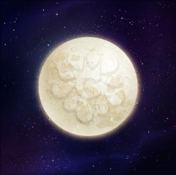 Vector illustration of full moon on dark violet outer space and stars background.