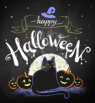 Vector color chalk drawing of Happy Halloween postcard with moon, black cat and pumpkins on chalkboard background.