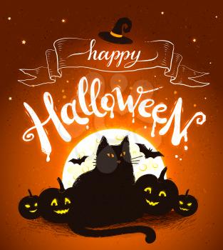 Happy Halloween vector postcard with moon, black cat and pumpkins on orange background.
