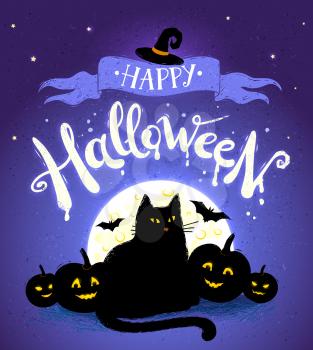 Happy Halloween vector postcard with moon, black cat and pumpkins on violet background.