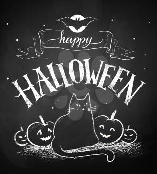 Vector chalk drawing of Happy Halloween postcard with black cat and pumpkins on chalkboard background.